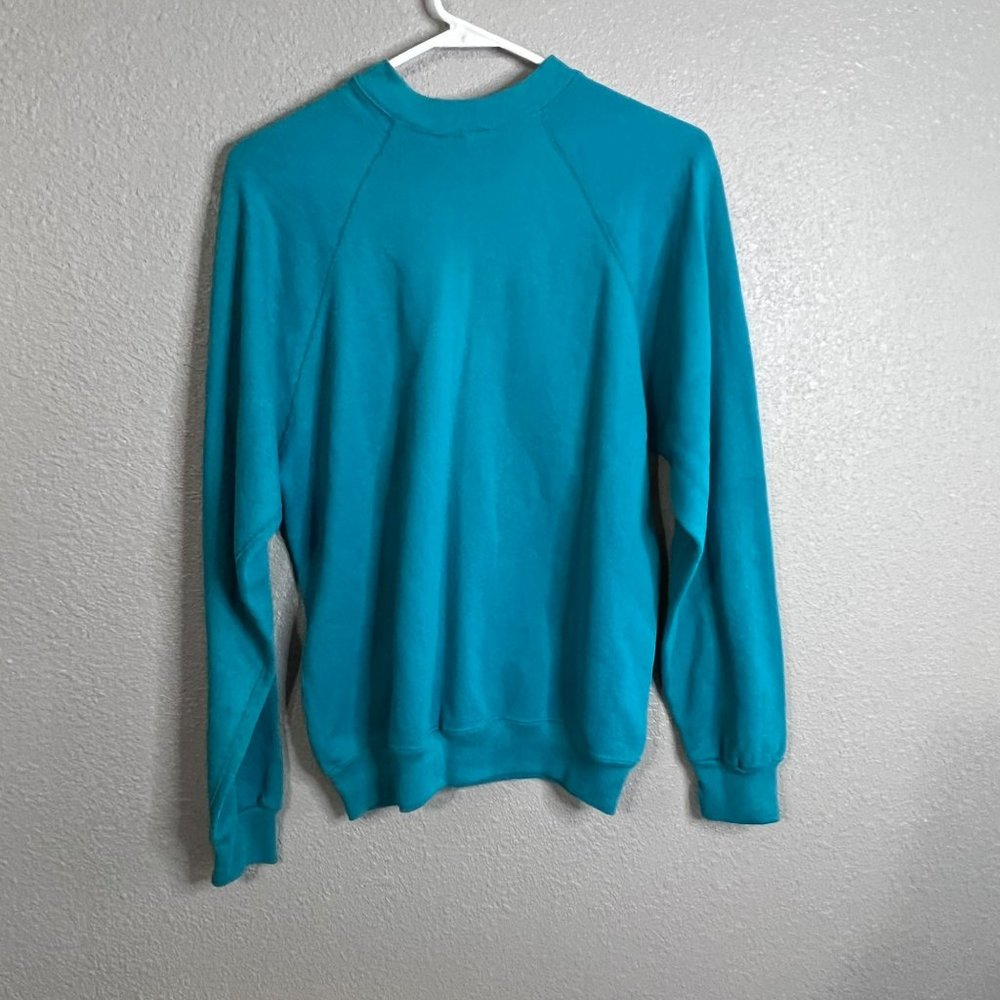Vintage 80s Sweats Appeal by Tultex Teal Blank Raglan Crewneck Sweatshirt Size L